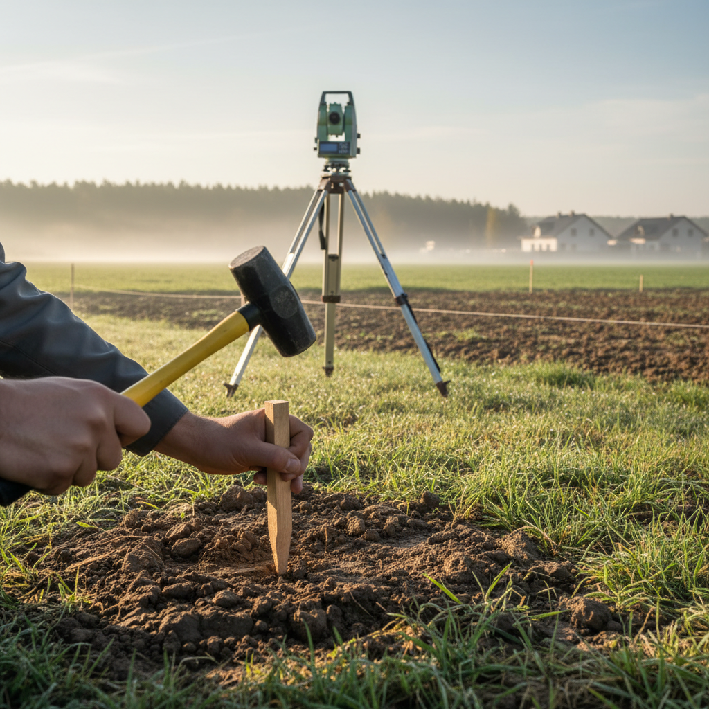 Zbliżenie na ręce uprawnionego geodety wbijającego w ziemię drewniany palik geodezyjny. W tle widać profesjonalny sprzęt pomiarowy (tachimetr na statywie) oraz zarys działki budowlanej o poranku. Delikatna mgła unosi się nad trawą.