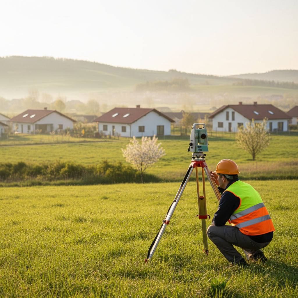 Ujęcie zza ramienia geodety pracującego w terenie. Widać jego sprzęt (teodolit na statywie) ustawiony na tle malowniczej, zielonej działki. W oddali widoczne są pojedyncze domy, co sugeruje kontekst analizy sąsiedztwa. Światło jest ciepłe, poranne, co nadaje scenie optymistyczny charakter.