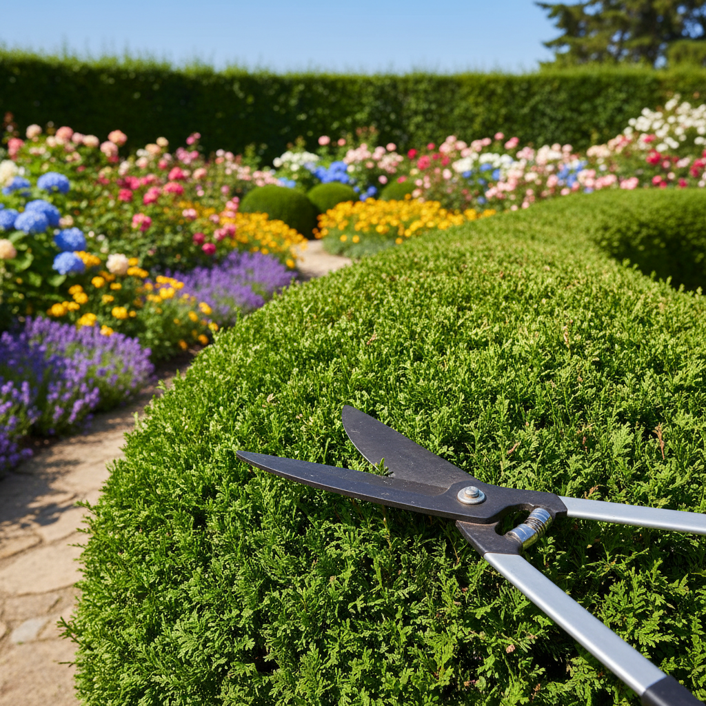Piękny, gęsty i równo przycięty żywopłot z tui lub cyprysika, otaczający zadbany ogród w słoneczny dzień. W tle widać kolorowe kwiaty, a na pierwszym planie ostrze nożyc do żywopłotu.