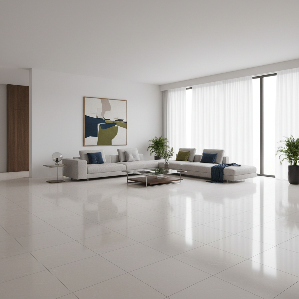 Przestronny, nowoczesny salon z ogrzewaniem podłogowym, pokryty dużymi, eleganckimi płytkami ceramicznymi. Podłoga jest idealnie równa i jednolita, bez widocznych fug dylatacyjnych. Wnętrze jest minimalistyczne, z dużą ilością naturalnego światła.