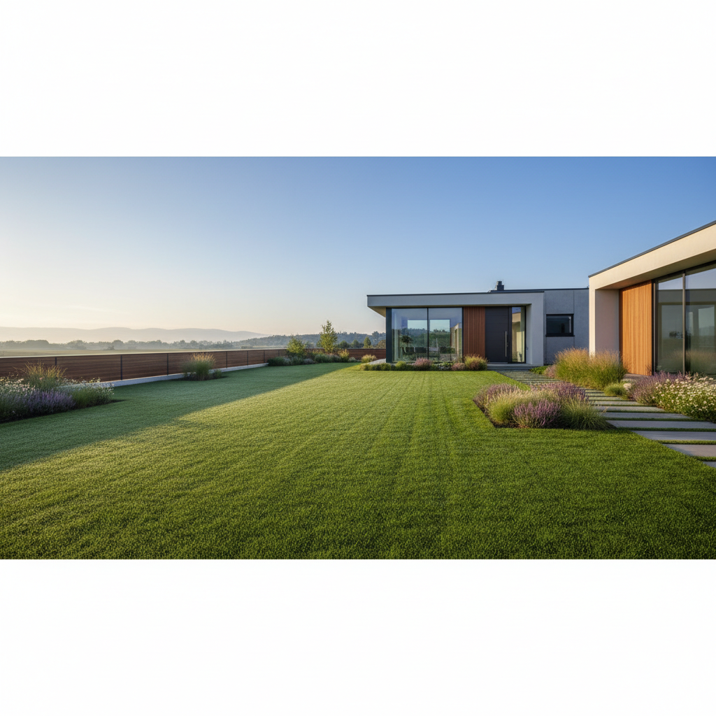 Szerokie ujęcie perfekcyjnie utrzymanego, soczyście zielonego trawnika przed nowoczesnym domem jednorodzinnym. Poranne słońce rzuca długie cienie, a na trawie widać delikatne krople rosy. Kompozycja emanuje spokojem i estetyką idealnego ogrodu.
