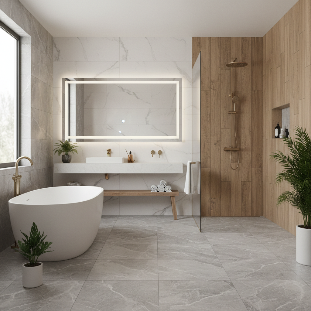 Jasna, przestronna łazienka w stylu spa, z dużymi, marmurkowymi płytkami gresowymi na podłodze i pod prysznicem typu walk-in. Wolnostojąca biała wanna stoi na tle ściany wyłożonej płytkami imitującymi drewno. Duże lustro i nowoczesna armatura dopełniają luksusowego wyglądu.