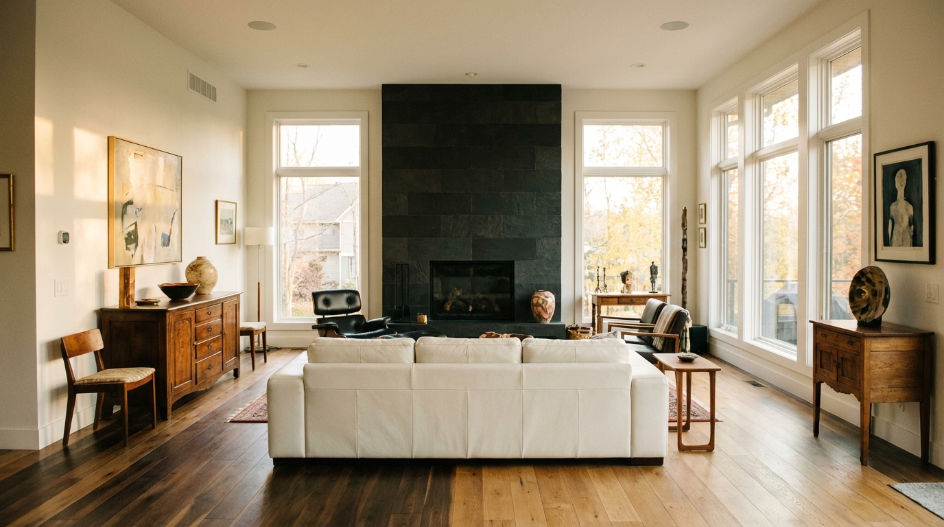 Szerokie ujęcie eleganckiego salonu w stylu eklektycznym. Widać w nim harmonijne połączenie różnych materiałów: drewnianej podłogi z akacji wędzonej i dębu, ściany z kominkiem z ciemnego bazaltu oraz dużej, komfortowej sofy z białej skóry. Wnętrze jest ciepłe, spójne i pełne naturalnego światła.