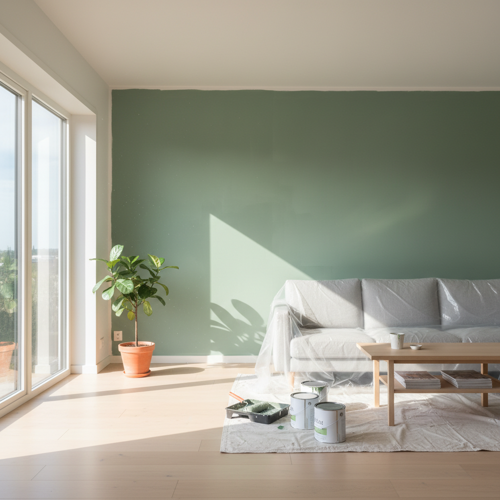 Jasne, nowoczesne wnętrze salonu w stylu skandynawskim, w trakcie malowania. Jedna ściana jest pomalowana na spokojny, szałwiowy zielony kolor. Na podłodze stoją puszki z farbą i wałek na tacce. Światło słoneczne wpada przez duże okno, tworząc ciepłą, inspirującą atmosferę. Realistyczne zdjęcie, wysokiej jakości.