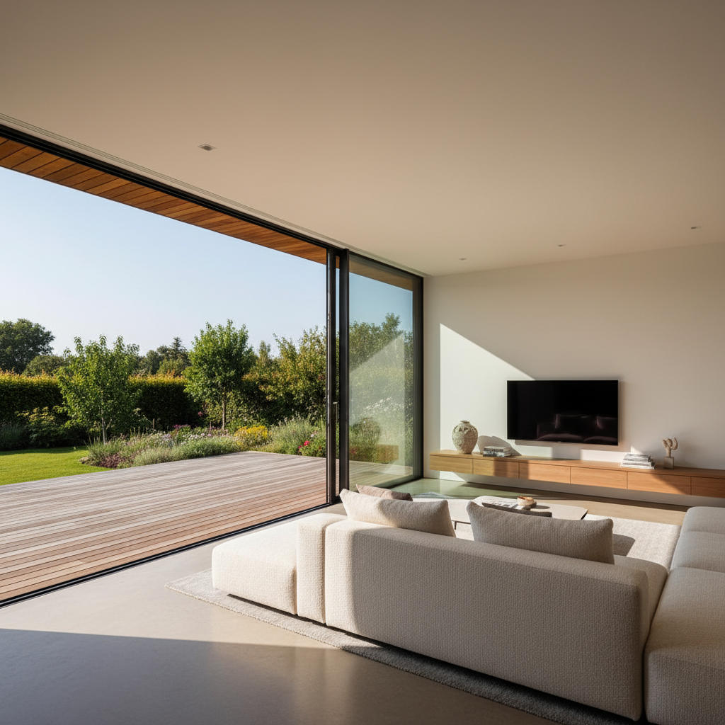 Szerokie, panoramiczne ujęcie minimalistycznego salonu w nowoczesnym domu jednorodzinnym. Narożne drzwi balkonowe podnoszono-przesuwne są całkowicie otwarte, tworząc płynne przejście na drewniany taras otoczony zadbanym ogrodem. Wnętrze jest skąpane w ciepłym, popołudniowym świetle słonecznym, a w tle widać błękitne niebo. Styl fotorealistyczny, ciepła paleta barw.