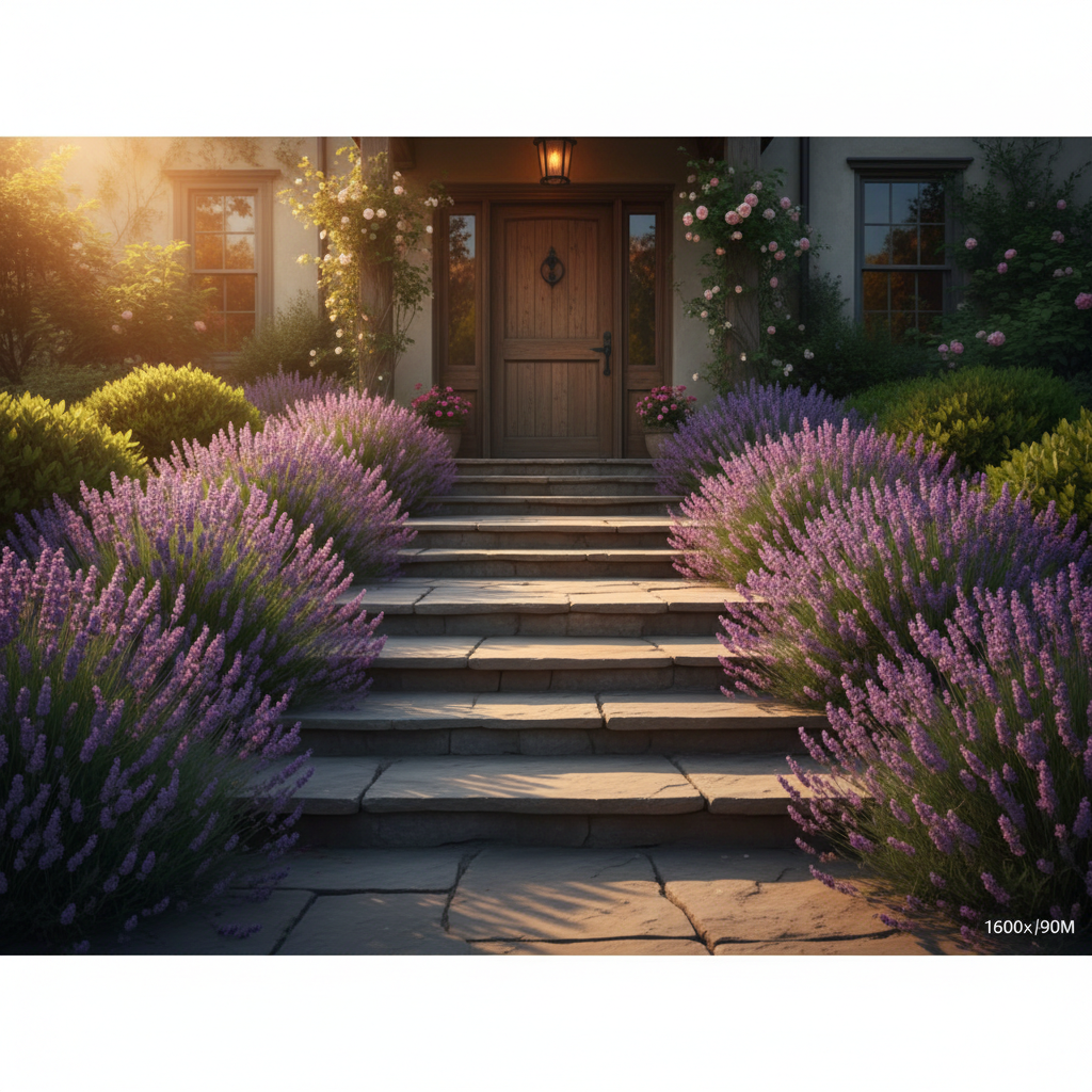 malownicze wejście do domu z szerokimi, kamiennymi schodami otoczonymi kwitnącymi lawendami i zielonymi krzewami, w ciepłym świetle zachodzącego słońca, tworzące przytulną i zapraszającą atmosferę.