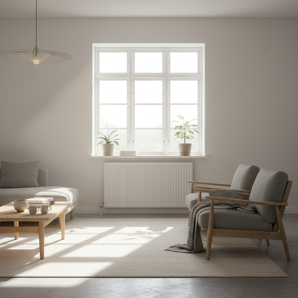 Jasny, przestronny salon urządzony w stylu skandynawskim. Centralnym punktem jest elegancki, biały grzejnik panelowy zamontowany pod dużym oknem, przez które wpada ciepłe, poranne słońce. Wnętrze jest przytulne i komfortowe, co podkreśla rolę efektywnego ogrzewania w domu.