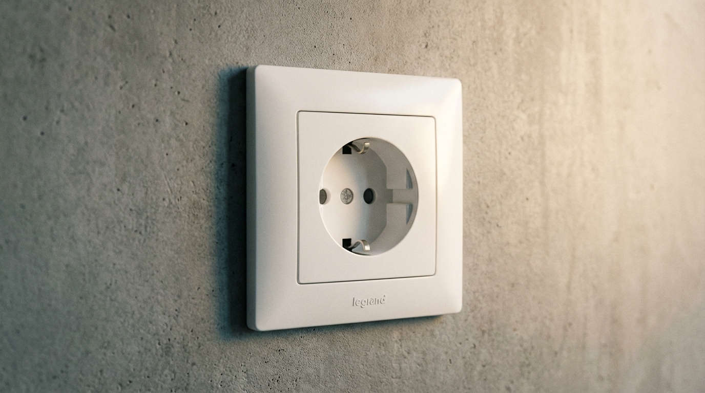 Zbliżenie na nowoczesne, białe gniazdko elektryczne z fabrycznymi przesłonami torów prądowych, zamontowane na stylowej, szarej ścianie. Delikatne światło podkreśla estetykę i dyskrecję zabezpieczenia.