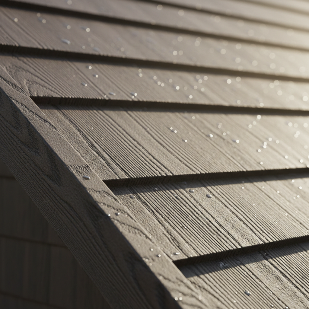 Zbliżenie na nowoczesny gont blaszany Janosik, ukazujące jego unikalną teksturę imitującą drewno; na blachę padają promienie słońca, podkreślając jej matowe wykończenie i realistyczny wzór.