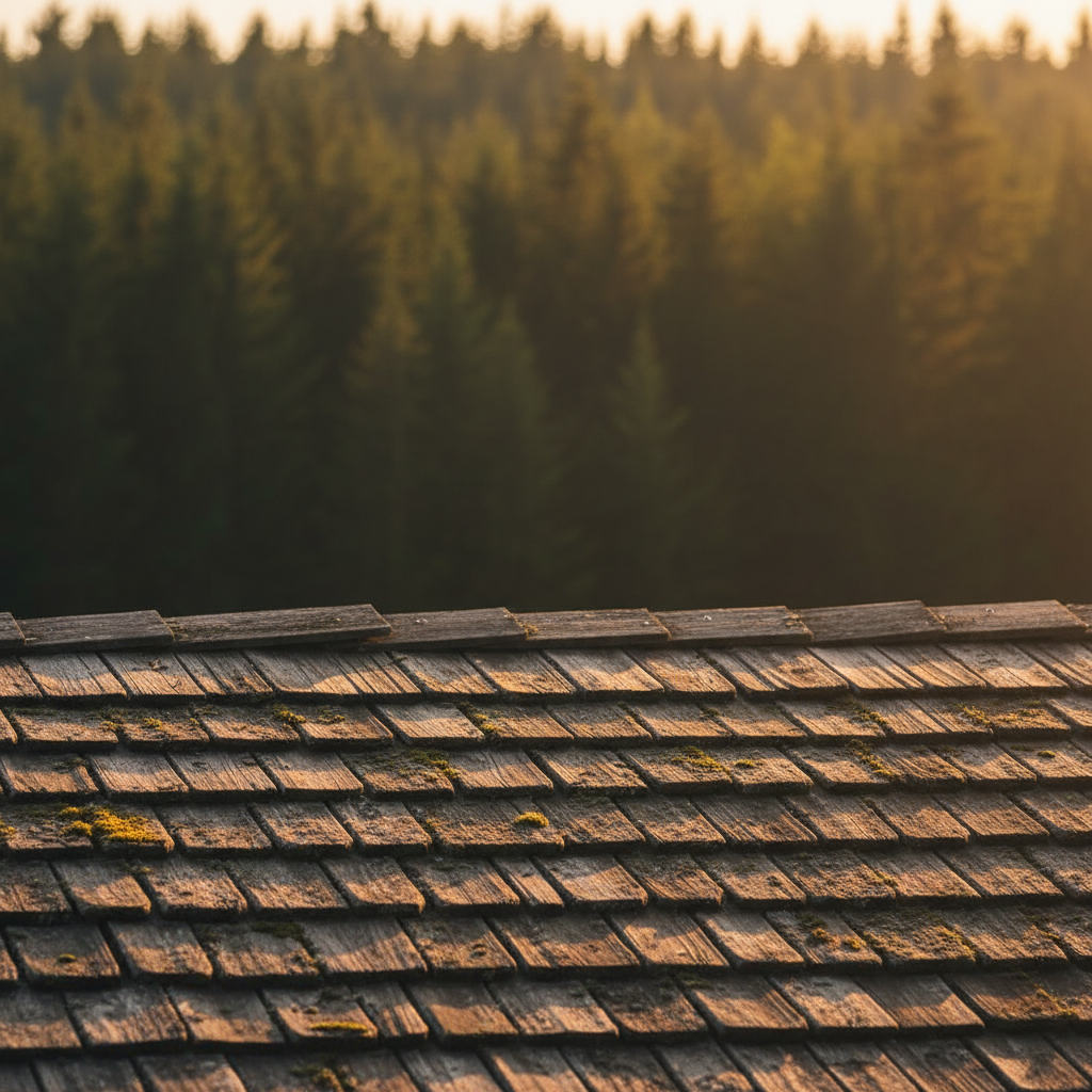 Zbliżenie na dach kryty tradycyjnym, drewnianym gontem, lekko omszony, skąpany w złotym świetle zachodzącego słońca, w tle widać fragment lasu.