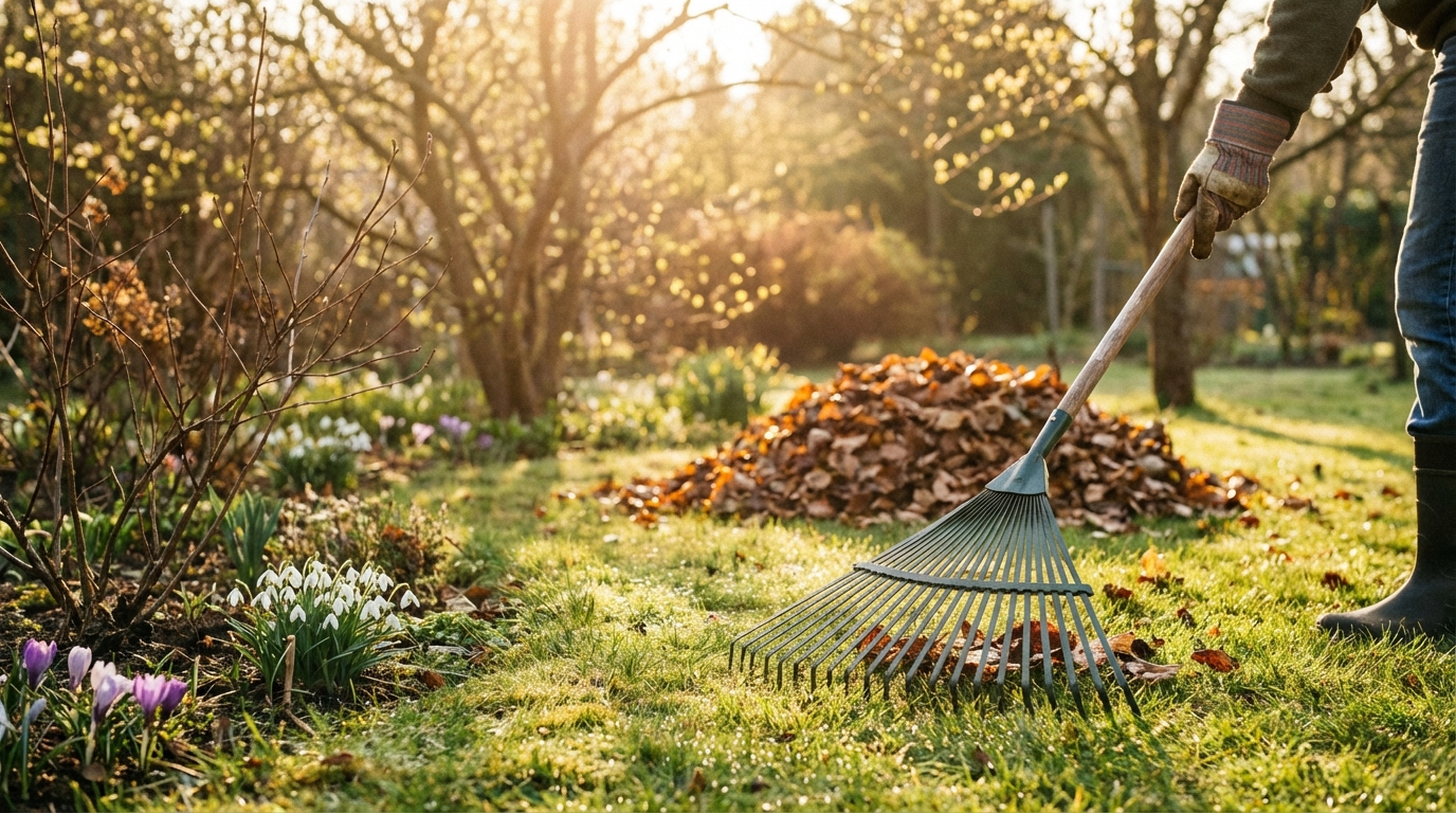 Estetyczne ujęcie osoby w rękawicach ogrodowych, która grabi trawnik za pomocą wachlarzowych grabi w słoneczny, wczesnowiosenny poranek. W tle widać stos zebranych liści. Zdjęcie podkreśla początek prac w ogrodzie.