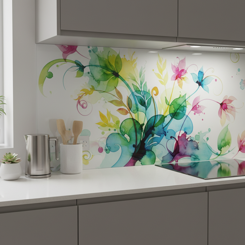Zbliżenie na fragment kuchni, gdzie szklany panel nad blatem prezentuje żywą, kolorową grafikę abstrakcyjną z motywami botanicznymi w stylu akwareli. Na blacie stoi kilka minimalistycznych akcesoriów kuchennych, które nie odciągają uwagi od ściany będącej główną ozdobą wnętrza.