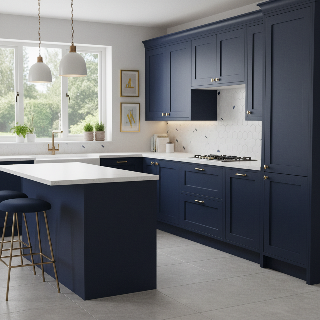 Eleganckie, granatowe meble kuchenne w stylu shaker z matowym wykończeniem i złotymi, minimalistycznymi uchwytami. Ściana nad blatem z białego kwarcu pokryta jest sześciokątnymi, białymi płytkami z subtelnym, granatowym wzorem graficznym. Ciepłe światło z wiszących lamp odbija się w złotych akcentach, tworząc przytulną i luksusową atmosferę.