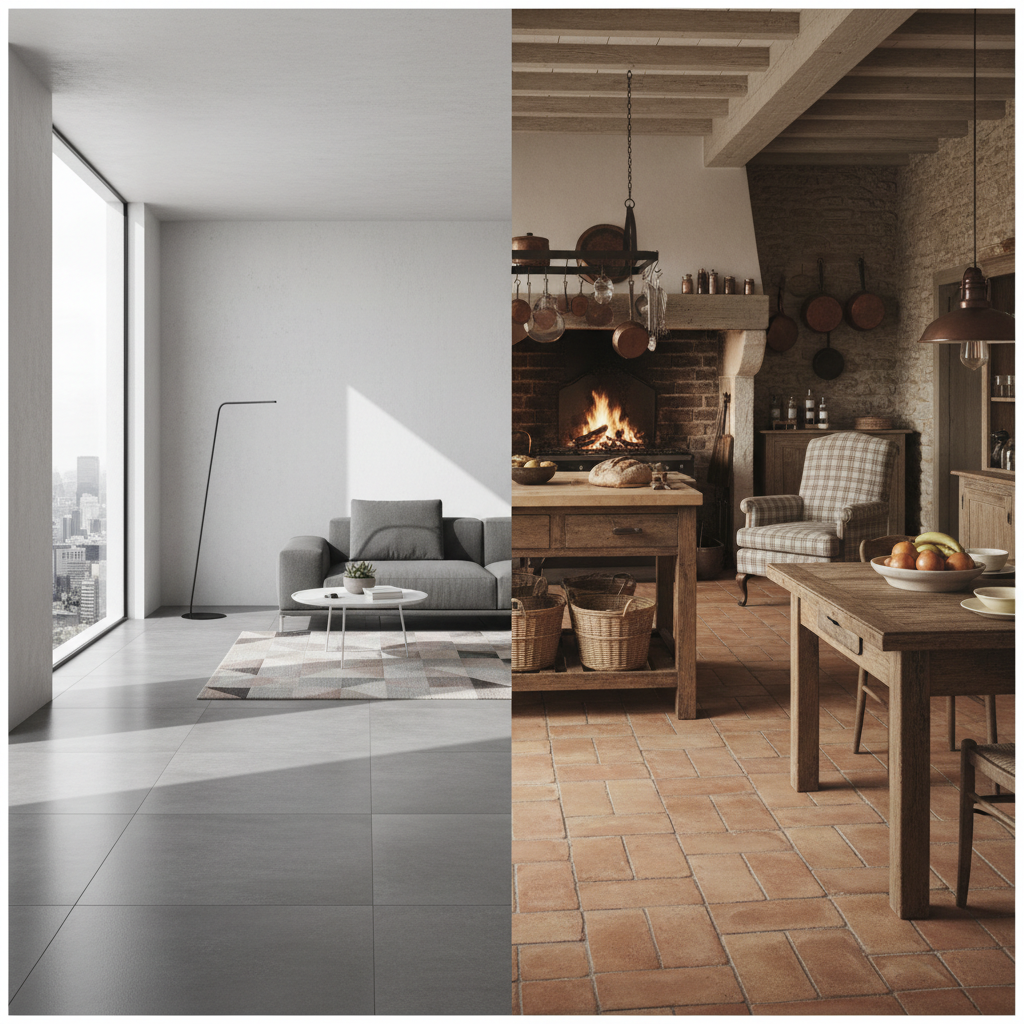 Podzielony obraz: po lewej stronie nowoczesne, minimalistyczne wnętrze z dużą, szarą płytką gresową na podłodze; po prawej stronie przytulna, rustykalna kuchnia z ciepłą, czerwoną podłogą z terakoty, podkreślający różnicę w estetyce i zastosowaniu obu materiałów.