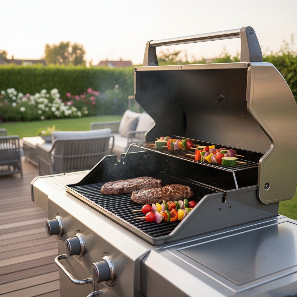 Elegancki, lśniący grill gazowy ze stali nierdzewnej stojący na nowoczesnym tarasie z drewnianą podłogą. Na idealnie czystym ruszcie leżą perfekcyjnie zarumienione steki i kolorowe szaszłyki warzywne. Pokrywa grilla jest otwarta, a w tle widać stylowe meble ogrodowe i zadbaną zieleń.