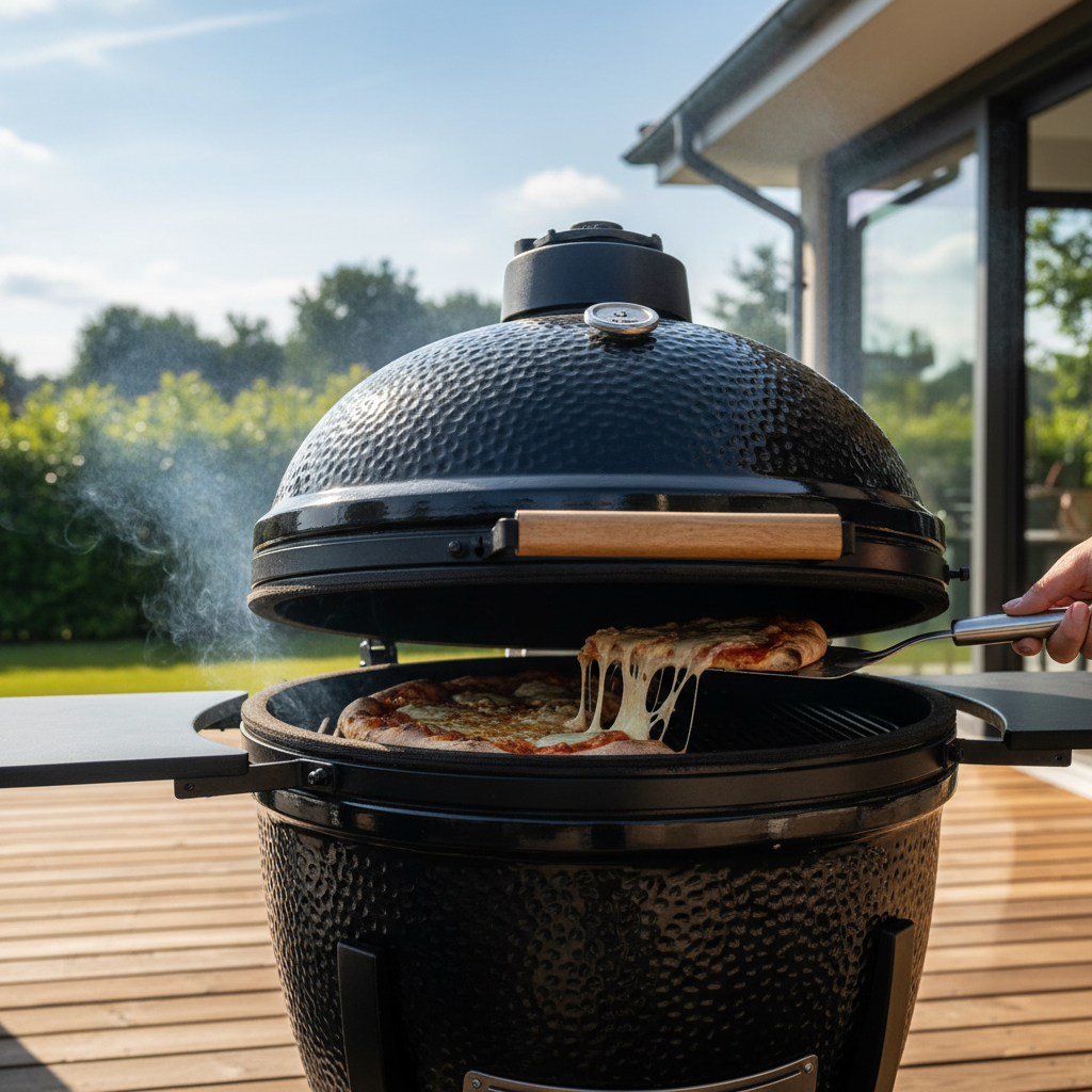 Imponujący, czarny, ceramiczny grill kamado o jajowatym kształcie, stojący dumnie na tarasie. Jego błyszcząca powierzchnia odbija promienie słońca. Przez lekko uchyloną pokrywę widać piekącą się w środku pizzę z ciągnącym się serem, co podkreśla wszechstronność urządzenia.