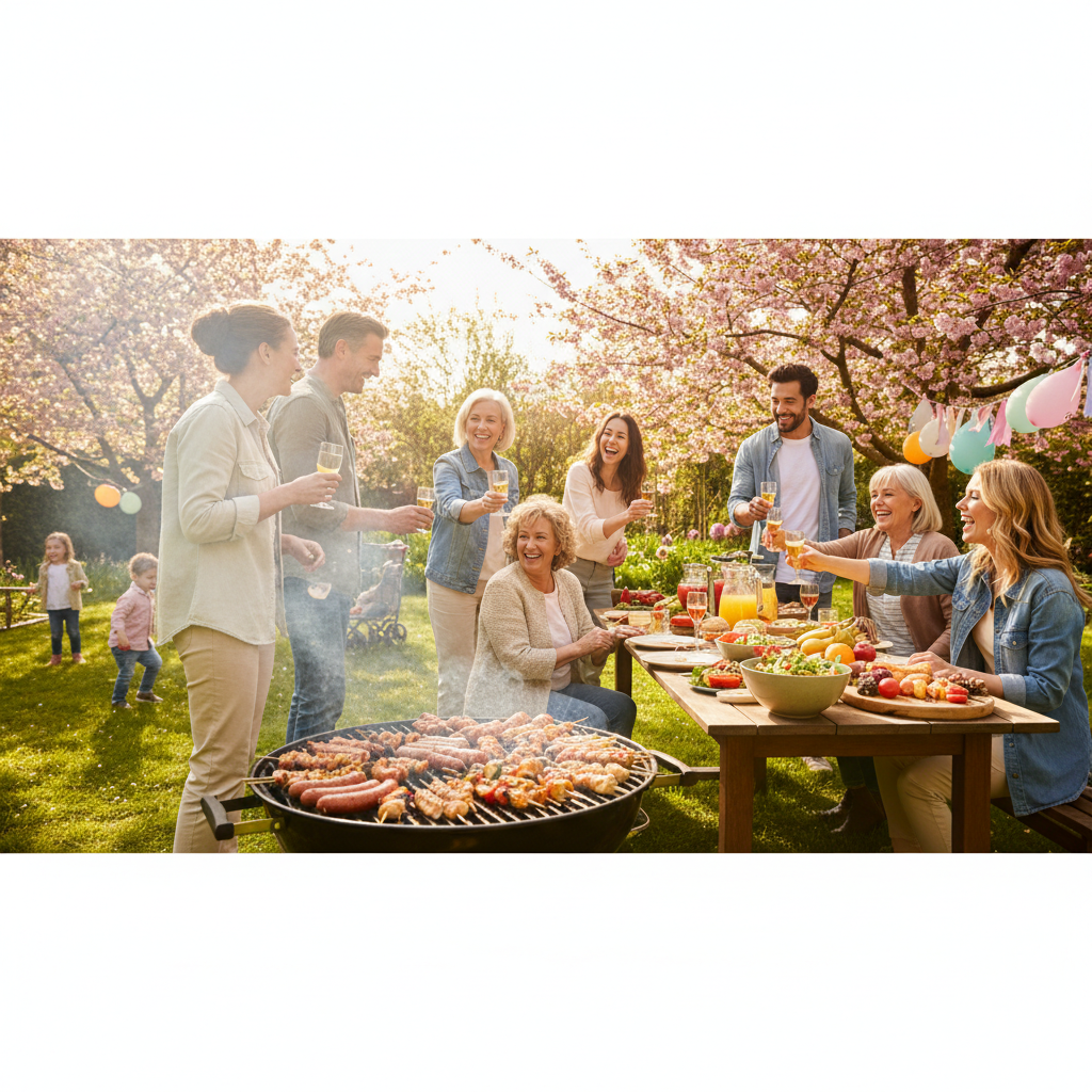Szerokie, słoneczne ujęcie przedstawiające grupę uśmiechniętych przyjaciół i rodziny w różnym wieku, zgromadzonych w pięknym, zielonym ogrodzie wokół dużego grilla. Na ruszcie widać apetyczne potrawy. W tle widać kwitnące drzewa i stół zastawiony sałatkami i napojami. Scena emanuje radością, ciepłem i atmosferą udanej majówki.