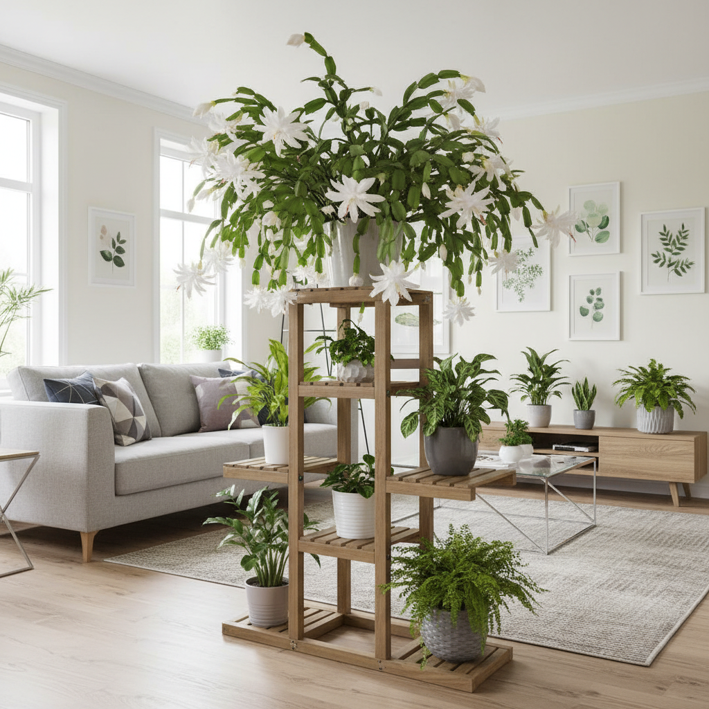 Eleganckie, jasne wnętrze salonu z nowoczesnymi meblami. Na stylowym, drewnianym kwietniku stoi kilka roślin, a centralne miejsce zajmuje duży, rozłożysty grudnik z białymi kwiatami, którego pędy swobodnie opadają. Kompozycja tworzy wrażenie domowej dżungli i jest centralnym punktem dekoracyjnym pokoju.