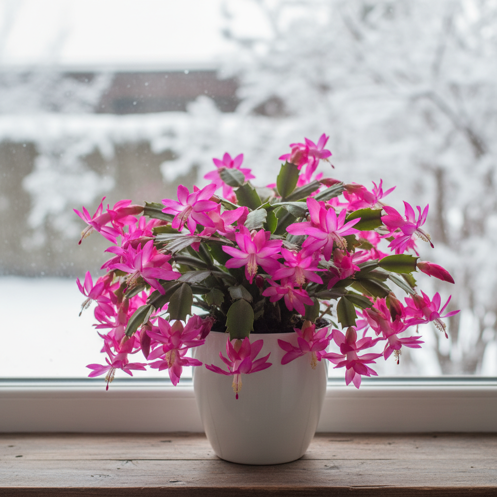 Piękny, bogato ukwiecony kaktus bożonarodzeniowy (Szlumbergera) o intensywnie różowych kwiatach, stojący w eleganckiej, białej doniczce na drewnianym parapecie. Przez okno wpada miękkie, zimowe światło, tworząc ciepłą i przytulną atmosferę. Tło jest delikatnie rozmyte, sugerując widok zaśnieżonego ogrodu.