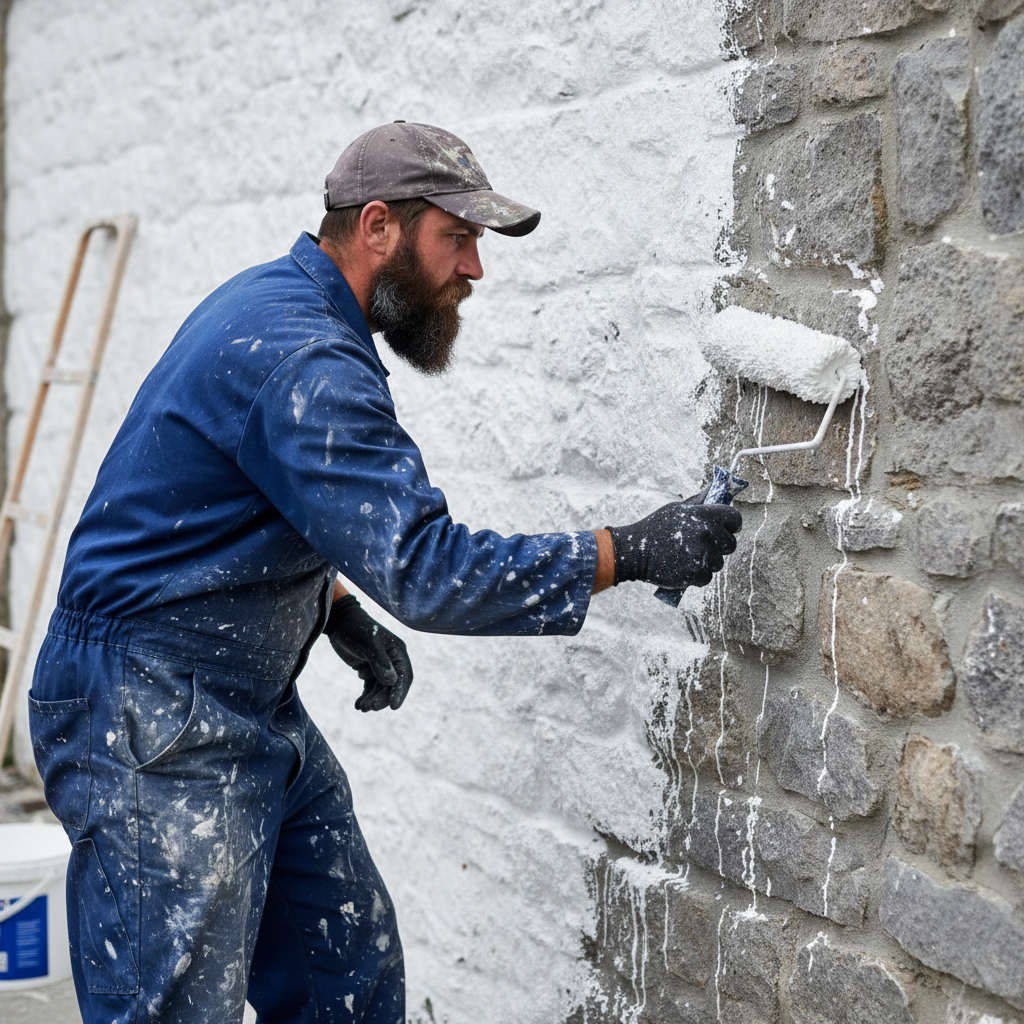 Mężczyzna w roboczym ubraniu maluje kamienną ścianę białym gruntem za pomocą wałka malarskiego z długim włosiem. Grunt wsiąka w porowatą strukturę kamienia, wyrównując jego kolor. Kadr pokazuje dynamikę pracy i transformację surowej ściany w przygotowane podłoże.