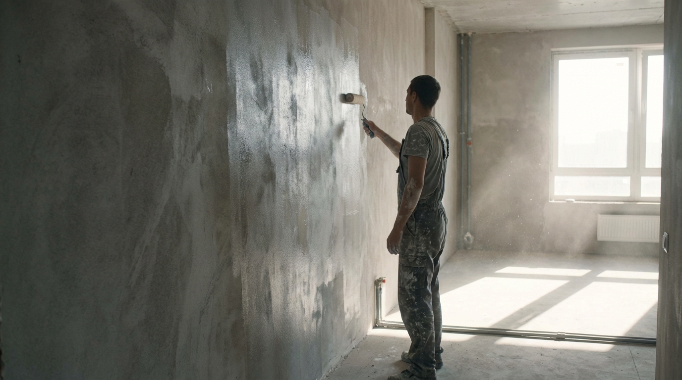 Zbliżenie na dłoń malarza trzymającego pędzel ławkowiec, który równomiernie rozprowadza przezroczysty lub mlecznobiały preparat gruntujący na szarej, surowej ścianie. Widać, jak płyn wnika w strukturę tynku, przygotowując go do malowania.