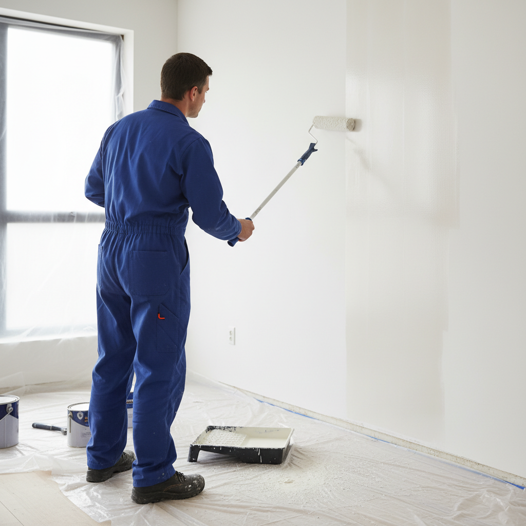 Ujęcie zza ramienia osoby w roboczym ubraniu, która za pomocą wałka malarskiego nanosi na nową, białą ścianę półprzezroczysty grunt. Widać wyraźną różnicę między suchą a mokrą, zagruntowaną częścią ściany. Pomieszczenie jest jasne, a na podłodze rozłożona jest folia malarska.