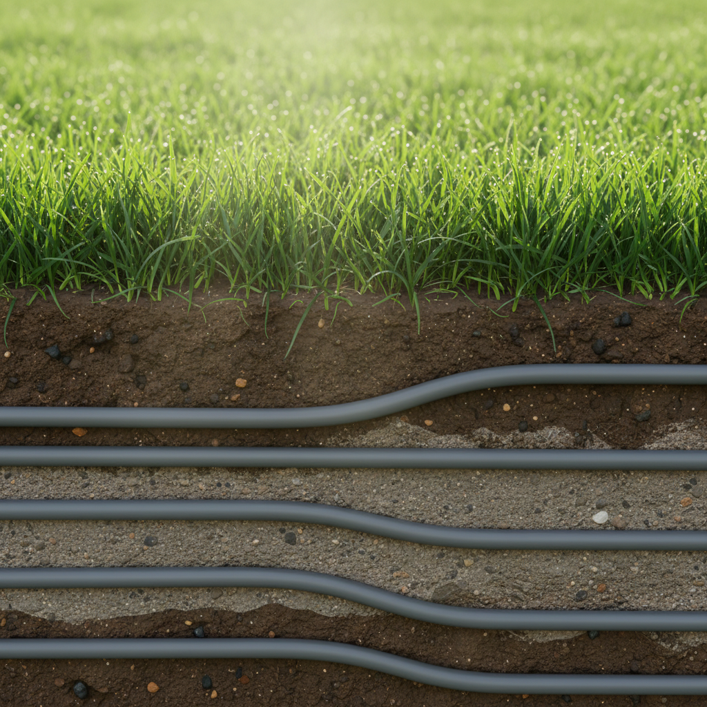 Przekrój bujnej, zielonej ziemi, ukazujący estetycznie ułożone pod warstwą trawy i gleby poziome rury kolektora gruntowej pompy ciepła. Przez źdźbła trawy przenika delikatne światło słoneczne. Obraz ma oddawać poczucie czystej, naturalnej i niewidocznej technologii, która działa w pełnej harmonii ze środowiskiem.