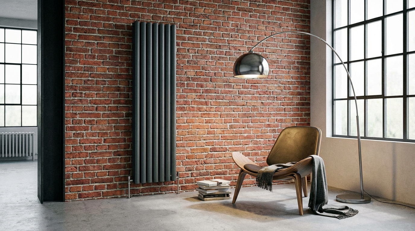 Stylowe, loftowe wnętrze z ceglaną ścianą. Na ścianie wisi smukły, pionowy grzejnik dekoracyjny w kolorze antracytowym. Obok stoi designerski fotel i nowoczesna lampa podłogowa, tworząc elegancki kącik do czytania.