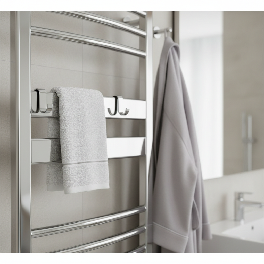 Zbliżenie na nowoczesny, chromowany grzejnik drabinkowy o designerskim kształcie. Na jego profilach wiszą dedykowane, eleganckie wieszaki i haczyki, na których powieszono mały ręcznik i szlafrok. Tło jest lekko rozmyte, skupiając uwagę na detalach i funkcjonalności akcesoriów grzejnika.