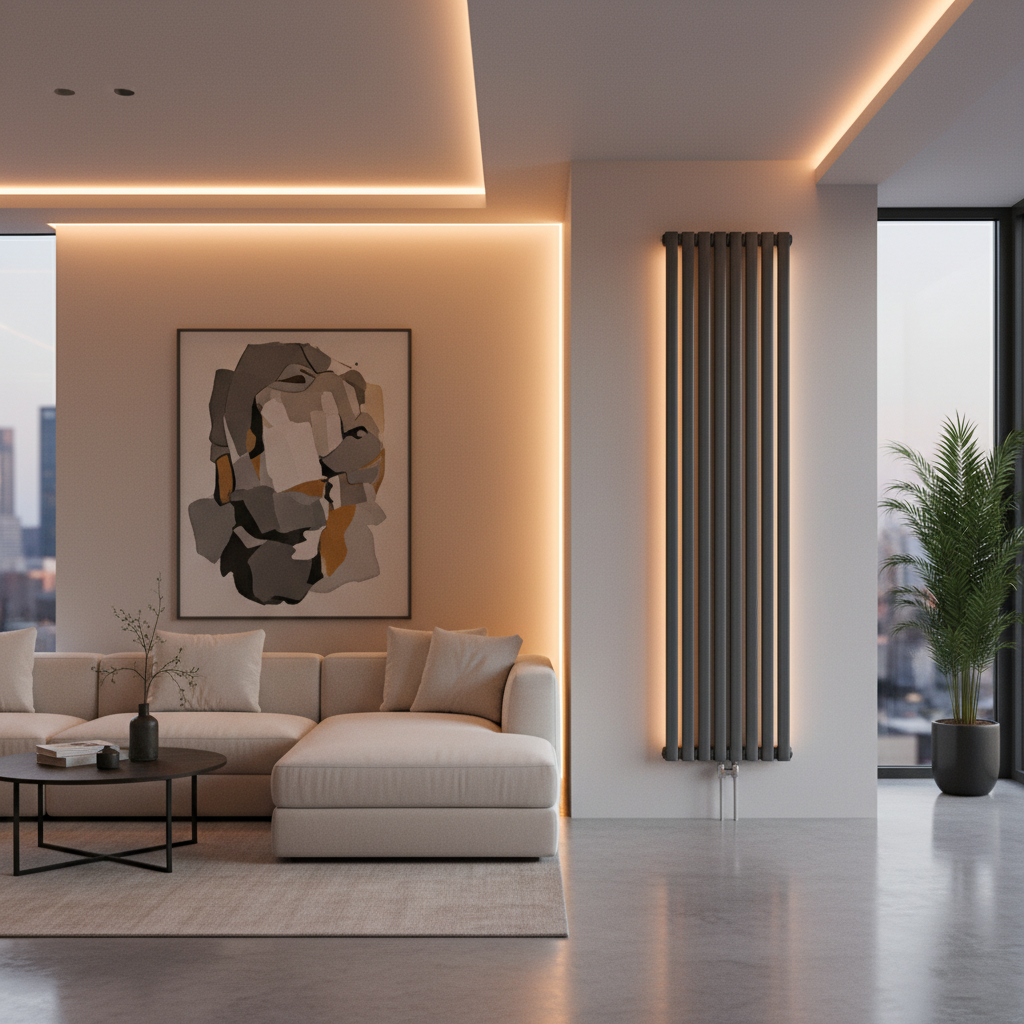 Nowoczesny salon z minimalistycznym, pionowym grzejnikiem dekoracyjnym w kolorze grafitowym, który jest elementem wystroju wnętrza. Ciepłe, ambientowe oświetlenie podkreśla jego formę.