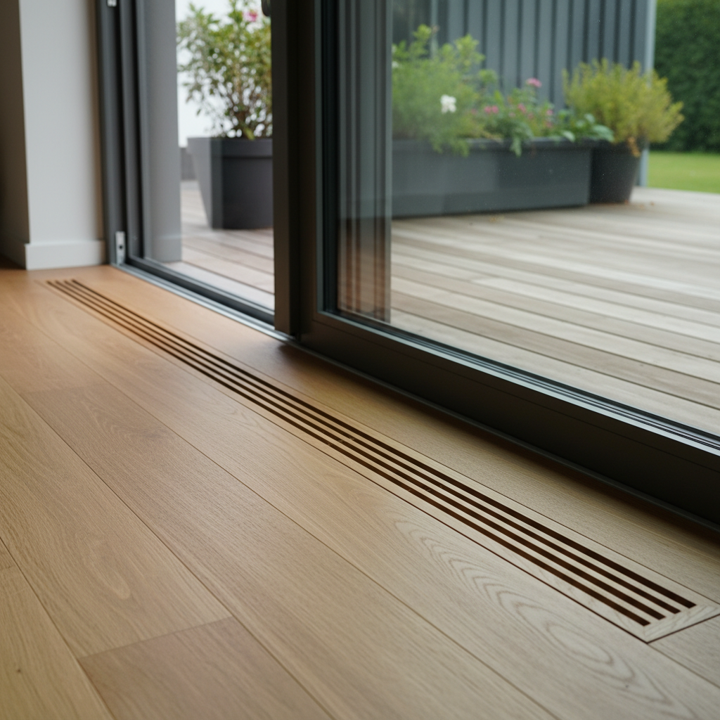 Zbliżenie na fragment drewnianej podłogi w nowoczesnym salonie, tuż przy progu dużych drzwi tarasowych. W podłodze widać elegancką, podłużną kratkę grzejnika kanałowego, wykonaną z tego samego gatunku drewna co reszta posadzki. Kratka jest idealnie wpasowana, niemal niewidoczna. Przez szybę widać fragment tarasu, co podkreśla płynne przejście między wnętrzem a zewnętrzem.