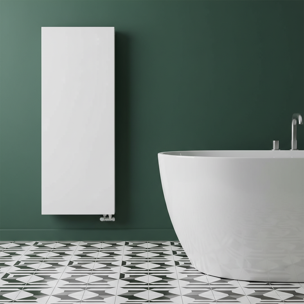 Biały, smukły grzejnik Atlantic 2012 Slim zamontowany na ścianie w kolorze butelkowej zieleni. Obok stoi wolnostojąca, biała wanna, a na podłodze leżą płytki z geometrycznym, czarno-białym wzorem.