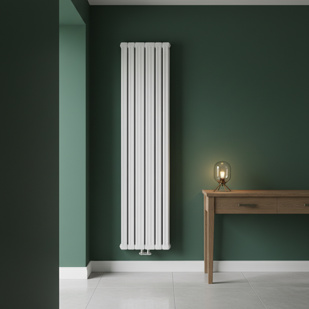 Wąski fragment ściany w eleganckim korytarzu, pomalowany na głęboki, butelkowy zielony kolor. Na ścianie zamontowany jest wysoki, smukły, biały grzejnik pionowy Purmo Faro V. Jego delikatne, pionowe profilowanie tworzy subtelną grę światła i cienia, dodając ścianie trójwymiarowości. Obok grzejnika stoi prosta, drewniana konsola z małą lampką.