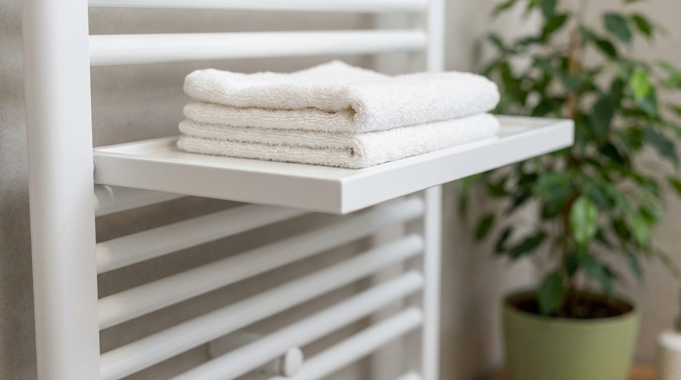 Zbliżenie na nowoczesny, biały grzejnik drabinkowy w łazience. Wbudowana, dopasowana kolorystycznie półka na górze jest rozłożona, a na niej leży niewielki stos starannie złożonych, puszystych białych ręczników. Tło jest lekko rozmyte, ukazując fragment zielonej rośliny doniczkowej.