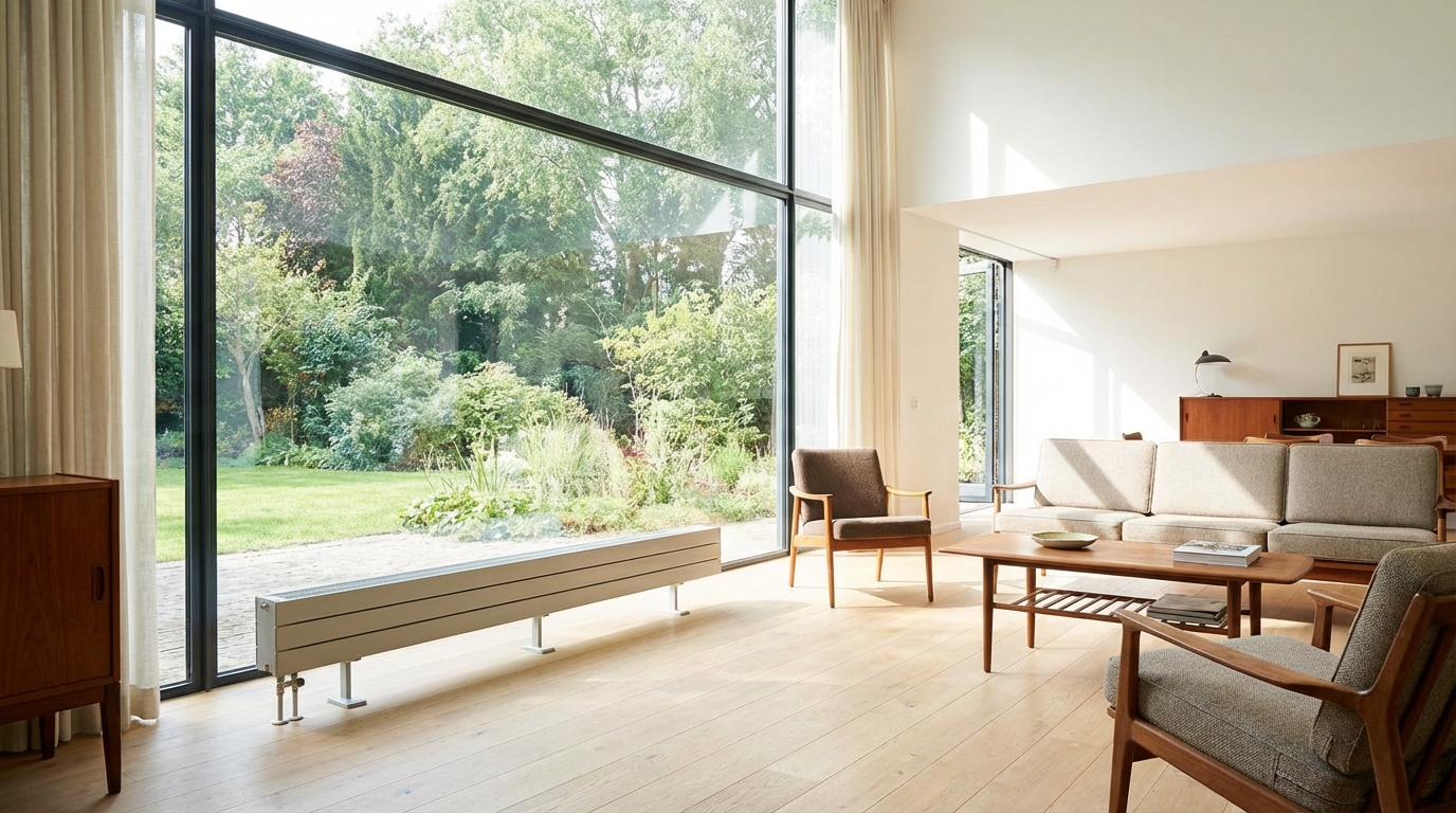 Przestronny salon z ogromnym oknem od podłogi do sufitu z widokiem na ogród. Przed oknem, na jasnej, drewnianej podłodze, stoi niski, długi grzejnik na eleganckich, minimalistycznych nóżkach. Wnętrze jest jasne i nowoczesne.