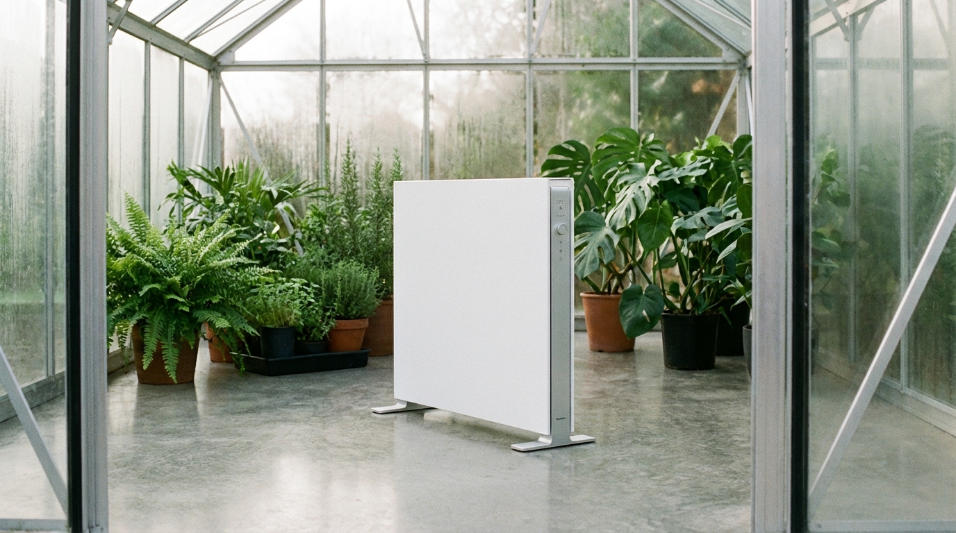 Czyste, minimalistyczne ujęcie nowoczesnego, białego grzejnika konwektorowego stojącego na podłodze szklarni. W tle widać zielone, zdrowe rośliny w doniczkach, co tworzy kontrast między technologią a naturą. Światło jest miękkie i rozproszone.