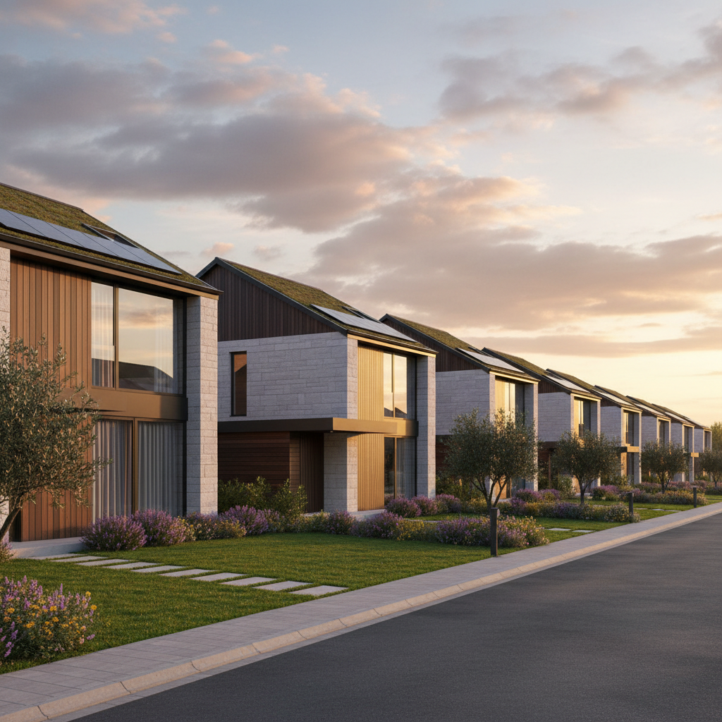 Ulica z nowoczesnymi domami jednorodzinnymi, których dachy są ustawione w jednej, harmonijnej linii (kalenice równoległe do drogi), tworząc spójny i estetyczny krajobraz architektoniczny. Domy skąpane są w ciepłym świetle popołudniowego słońca, a przed nimi znajdują się zadbane ogródki.