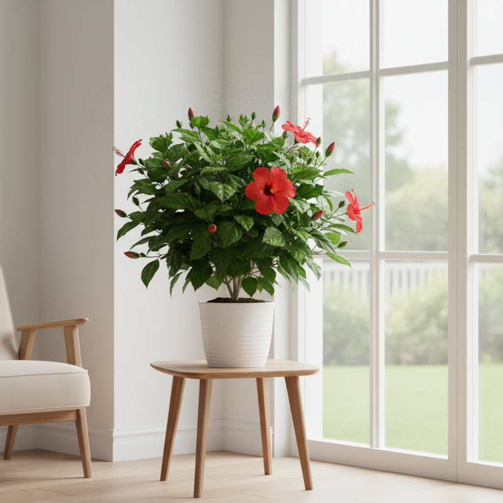 Zdrowy, bujny krzew hibiskusa w eleganckiej, białej donicy, stojący na drewnianym stoliku obok dużego okna. Wnętrze jest jasne i minimalistyczne. Na liściach widać delikatną mgiełkę wody po zraszaniu, co podkreśla troskliwą pielęgnację.