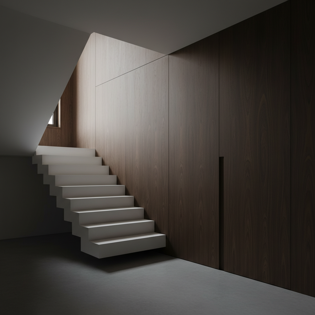 Minimalistyczny hol wejściowy. Na pierwszym planie widać białe, wspornikowe schody bez balustrady, które zdają się wyrastać prosto ze ściany. Ściana za schodami oraz ściana po prawej stronie wykończone są gładkimi, ciemnymi panelami drewnianymi z widocznym usłojeniem. Na panelach nie widać żadnych klamek ani uchwytów, co sugeruje ukryte drzwi. Podłoga jest wykonana z gładkiego, szarego betonu. Oświetlenie jest subtelne i dyskretne.