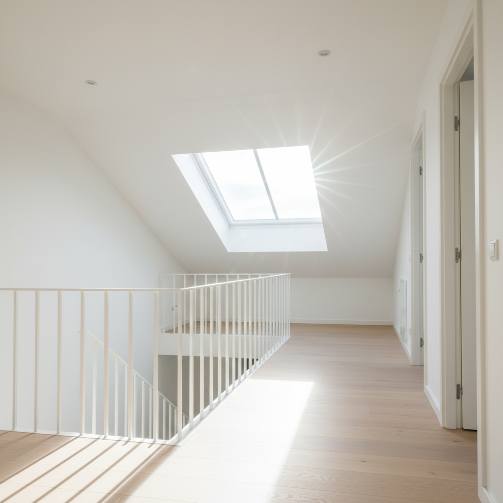 Nowoczesny, jasny korytarz na piętrze z białą balustradą, prowadzący do różnych pokoi. Nad korytarzem, w skośnym dachu, zamontowane jest duże okno połaciowe, przez które wpada mnóstwo naturalnego światła, oświetlając przestrzeń i tworząc na podłodze świetliste refleksy. Wnętrze jest minimalistyczne, z jasną drewnianą podłogą.