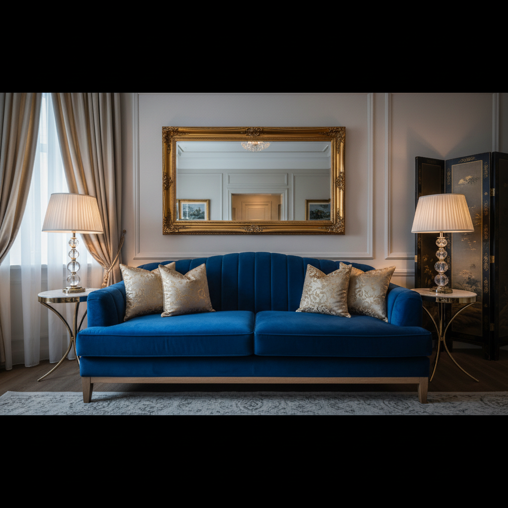Szerokie ujęcie eleganckiego salonu w stylu glamour. W centrum znajduje się pluszowa, granatowa sofa z aksamitnymi poduszkach w złotych wzorach. Za nią, na ścianie, wisi duże lustro w zdobionej, złotej ramie. Po bokach stoją stylowe lampy stołowe z kryształowymi podstawami, rzucające ciepłe, nastrojowe światło. W tle widać delikatne, jedwabne zasłony i subtelny, orientalny parawan. Całość utrzymana w palecie granatu, złota i kremowej bieli, emanująca luksusem i filmowym nastrojem.