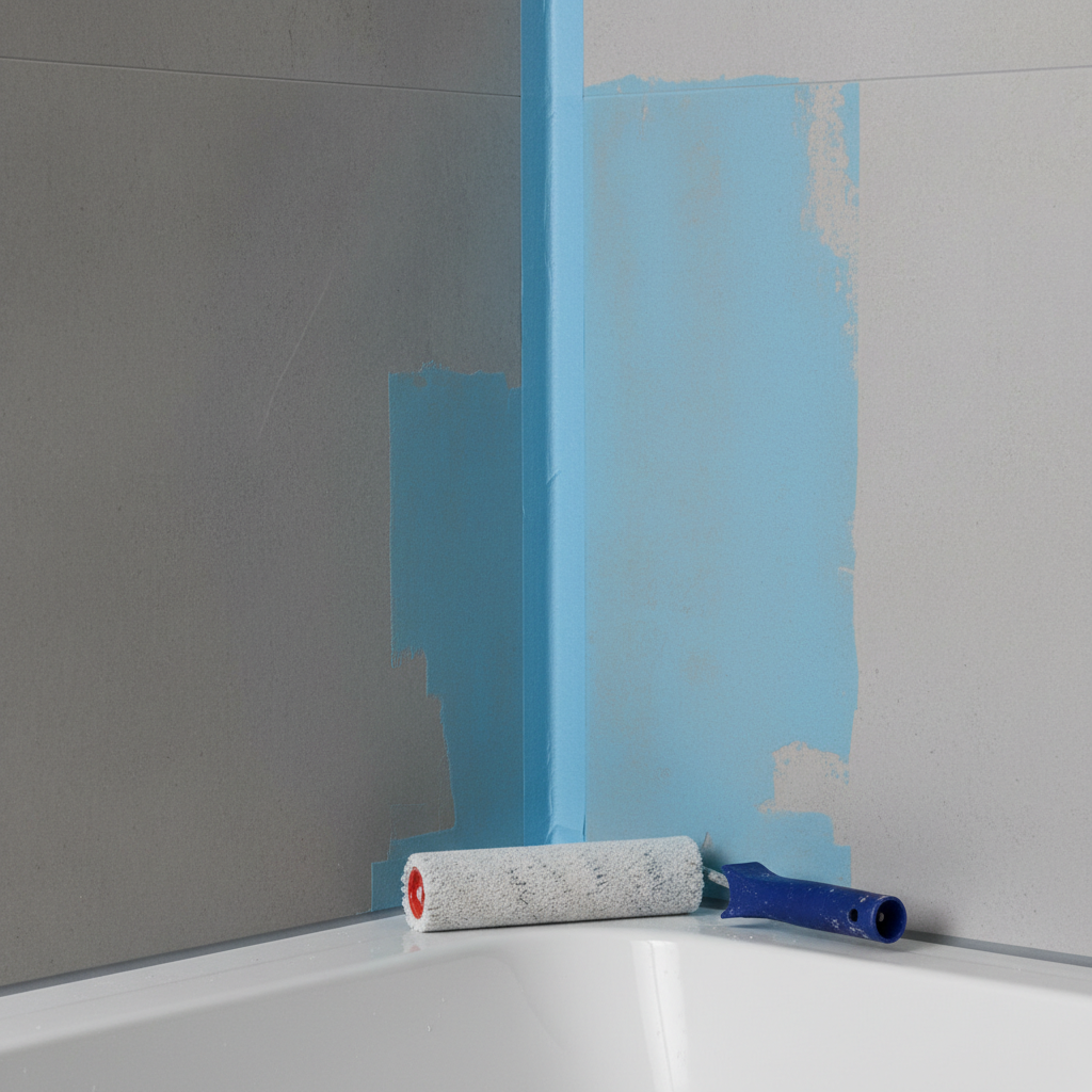 Stylowe ujęcie fragmentu nowoczesnej łazienki w trakcie remontu. Na szarej ścianie widać nałożoną niebieską folię w płynie, a w narożniku wklejoną taśmę uszczelniającą. Obok leży wałek malarski, co sugeruje proces pracy. Kompozycja jest czysta i estetyczna, skupiona na detalach.