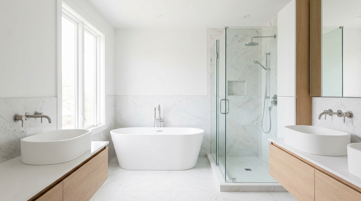 Panoramiczne ujęcie czystej, eleganckiej i nowoczesnej łazienki z idealnie wykonanymi, białymi spoinami silikonowymi wokół wanny wolnostojącej, umywalki nablatowej i szklanej kabiny prysznicowej. Pomieszczenie jest dobrze oświetlone naturalnym światłem, co podkreśla jego higieniczny i estetyczny charakter.