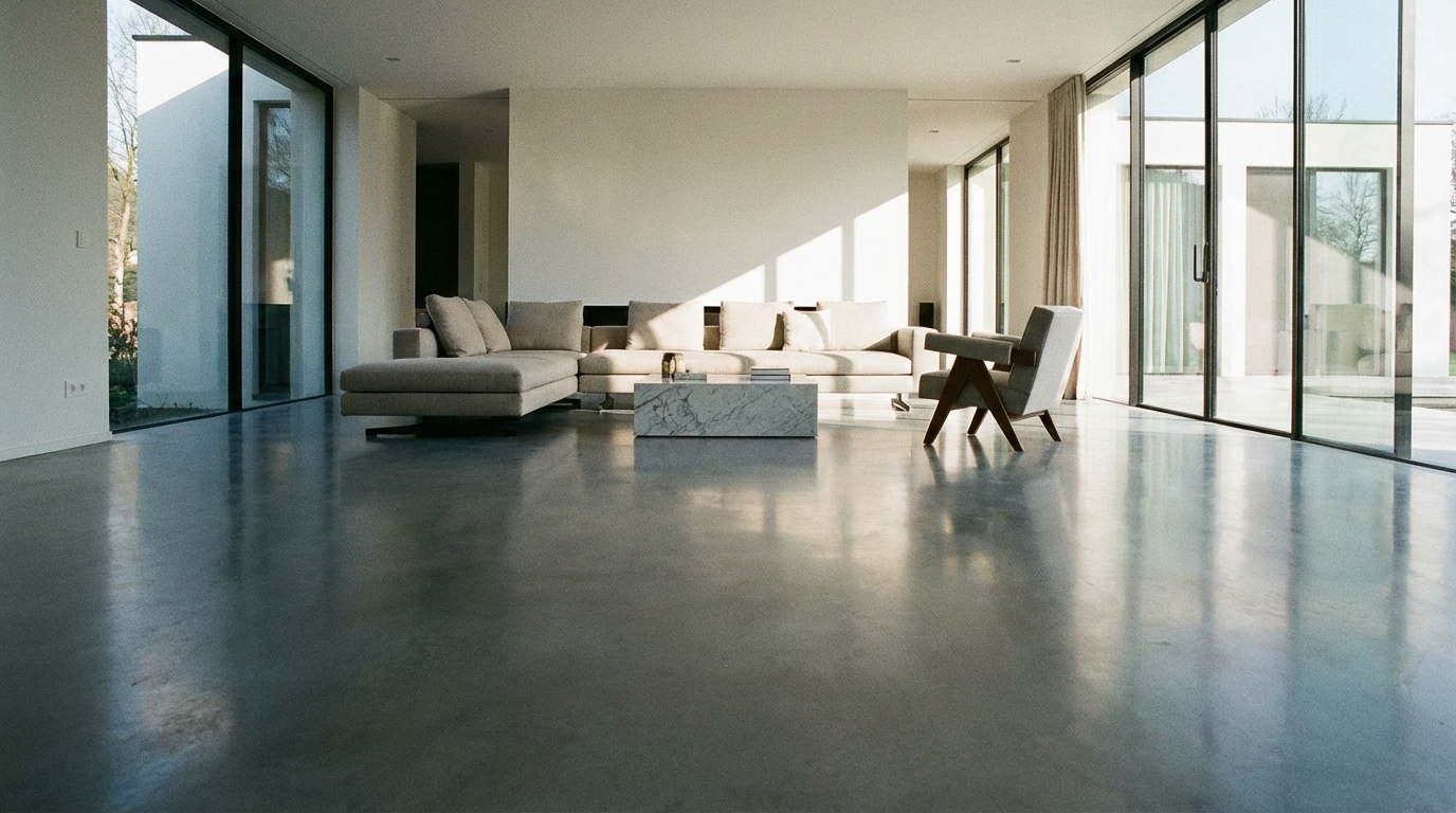 Szeroki kadr eleganckiego, nowoczesnego salonu z idealnie gładką, szarą posadzką betonową, która odbija światło wpadające przez duże okna. Wnętrze jest minimalistyczne, z nowoczesnymi meblami, co podkreśla estetykę i trwałość podłogi.