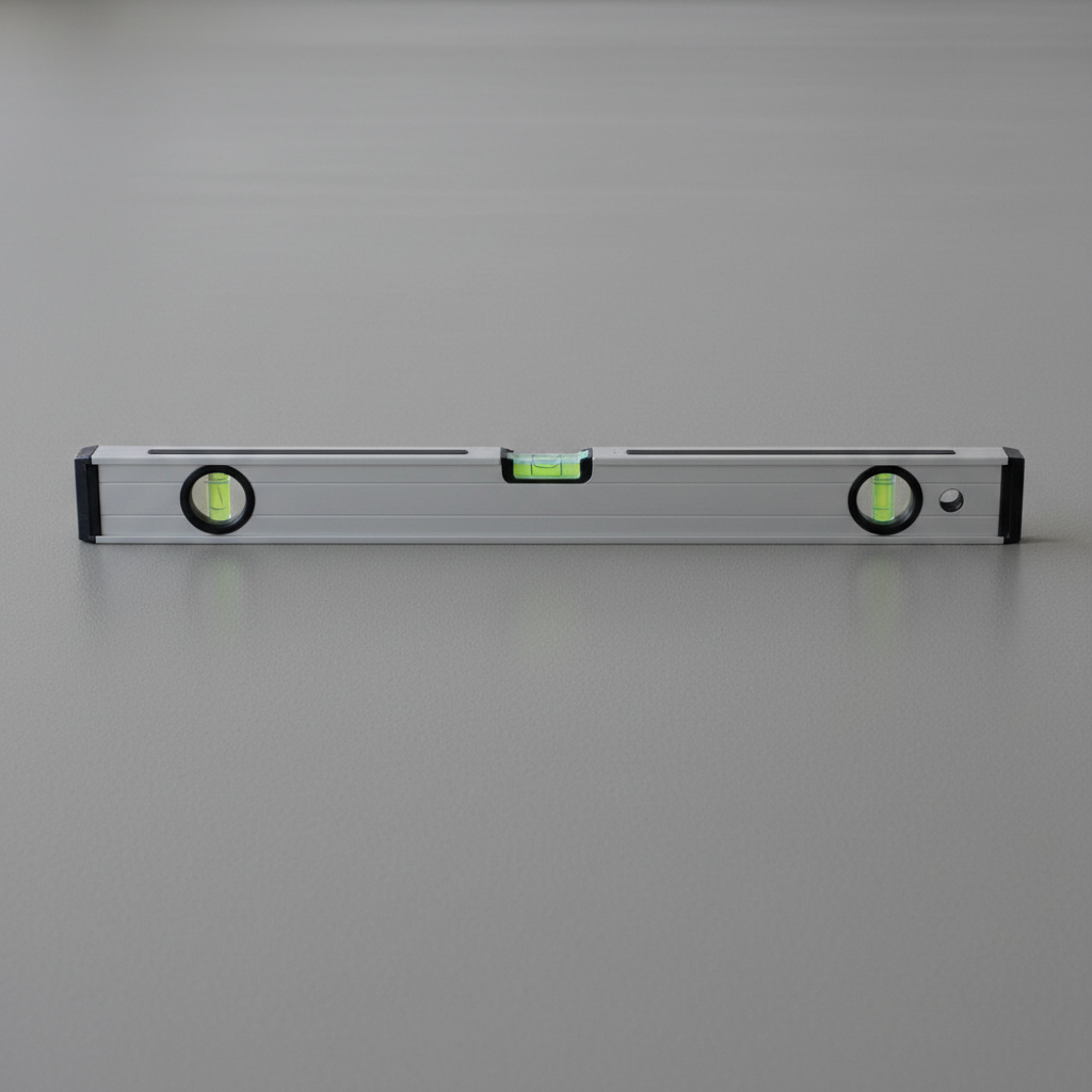 Zbliżenie na idealnie gładką, wyschniętą powierzchnię szarego podkładu podłogowego Baumit Alpha 2500. Na podkładzie leży poziomica, która idealnie przylega do powierzchni na całej swojej długości, demonstrując perfekcyjną równość. Oświetlenie jest subtelne, podkreślające gładką teksturę posadzki.