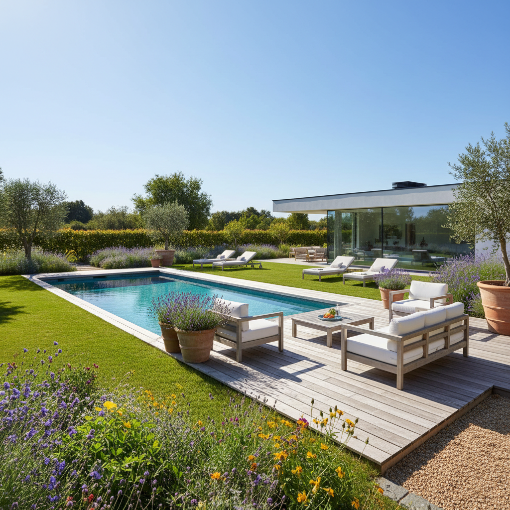 Szeroki kadr ukazujący słoneczny ogród z idealnie wkomponowanym basenem. Basen znajduje się w nasłonecznionej części działki, z dala od dużych drzew. Graniczy on z nowoczesnym, drewnianym tarasem, na którym stoją wygodne meble ogrodowe. Krystalicznie czysta woda odbija błękitne niebo. Zdjęcie emanuje spokojem i harmonią.