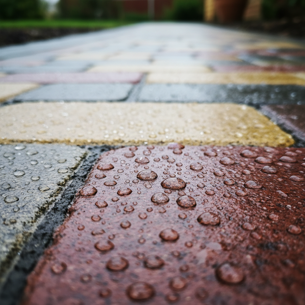 Zbliżenie na fragment zaimpregnowanej kostki brukowej tuż po deszczu. Na powierzchni kostki widoczne są idealnie okrągłe krople wody, które nie wsiąkają w materiał, tworząc efekt perlenia. Tło jest delikatnie rozmyte, a kolory kostki nasycone i żywe.