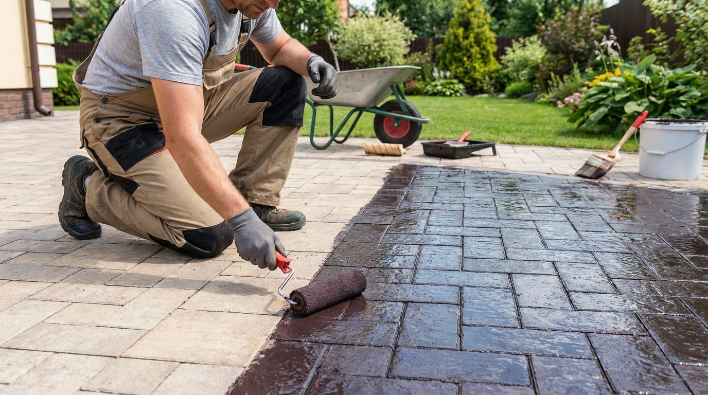 Mężczyzna w roboczych ubraniach za pomocą wałka malarskiego nanosi impregnat na fragment kostki brukowej. Wyraźnie widać granicę między suchą, matową częścią, a zaimpregnowaną, która ma głęboki, nasycony kolor i efekt 