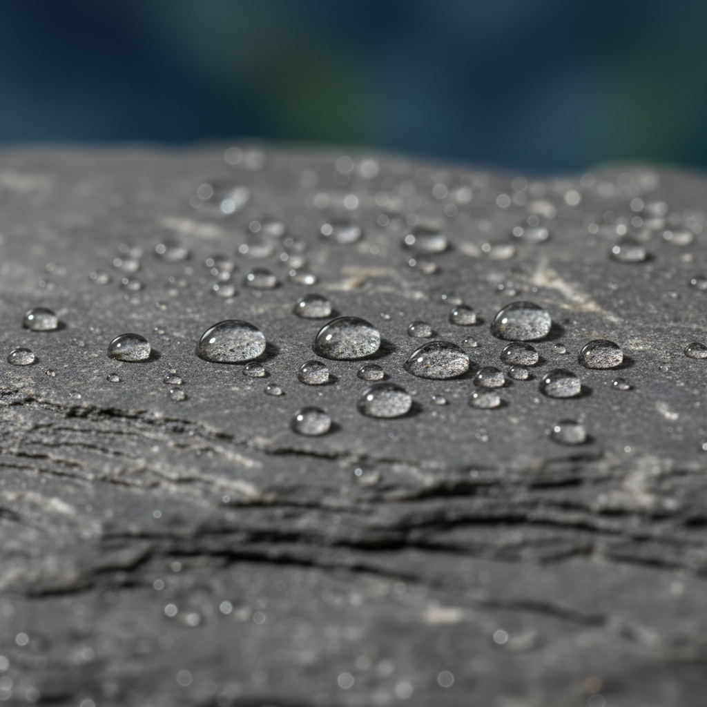 Zdjęcie makro ciemnoszarej płyty z piaskowca. Na jej powierzchni widoczne są idealnie okrągłe krople wody, które nie wsiąkają w kamień, demonstrując efekt hydrofobowy impregnacji. Struktura i faktura kamienia są wyraźnie widoczne, a oświetlenie podkreśla połysk kropel. Zdjęcie w stylu fotorealistycznym, produktowym.
