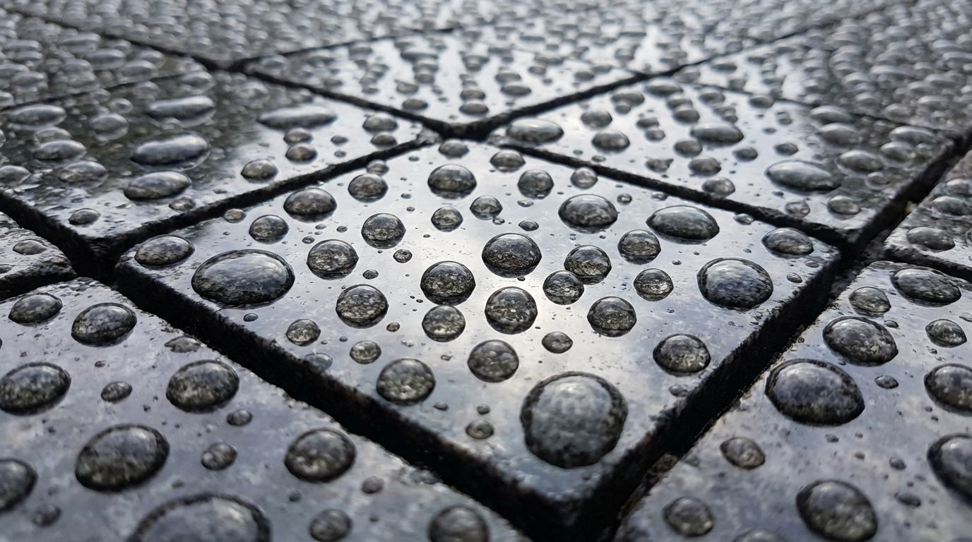 Zbliżenie na powierzchnię czystej kostki brukowej po deszczu, na której widoczne są idealnie okrągłe krople wody, tworzące efekt perlenia. Pokazuje to hydrofobowe właściwości impregnatu.
